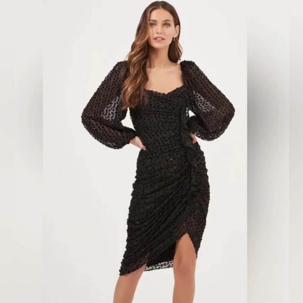ASTR black burnout velvet asymmetrical dress polkadot puff long sleeve small - Picture 7 of 16